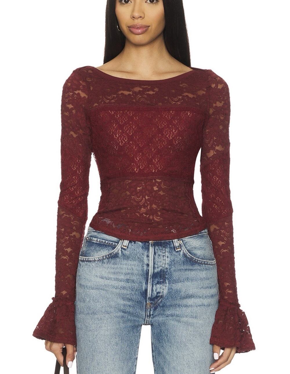 Free People Lace Layering Bell Sleeve Cabernet Top Size M